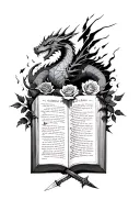 open book with a dragon surrounded by lightning and shadows. roses, daggers and swords tattoo design idea