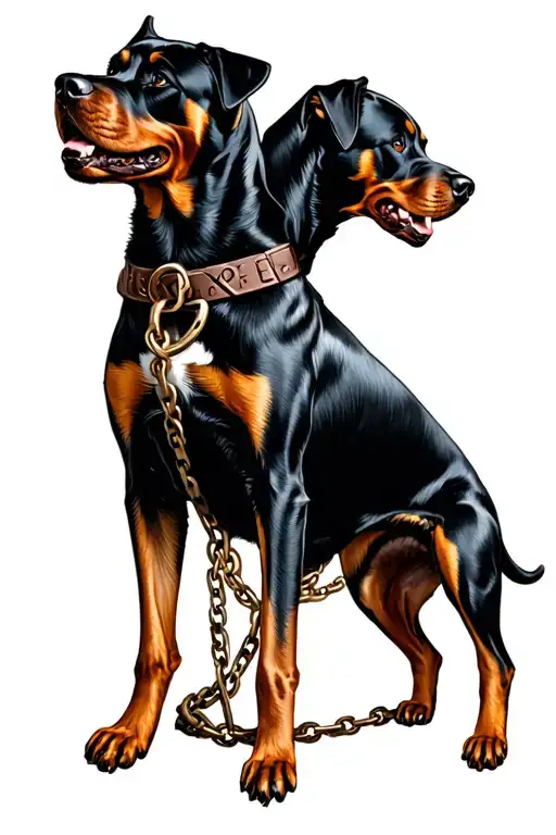 Hades god with Rottweiler Cerberus on a chain tattoo design idea