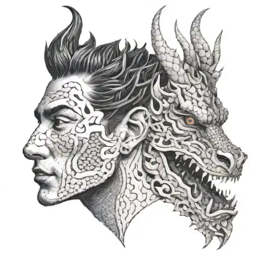 half dragon and half man face  tattoo design idea