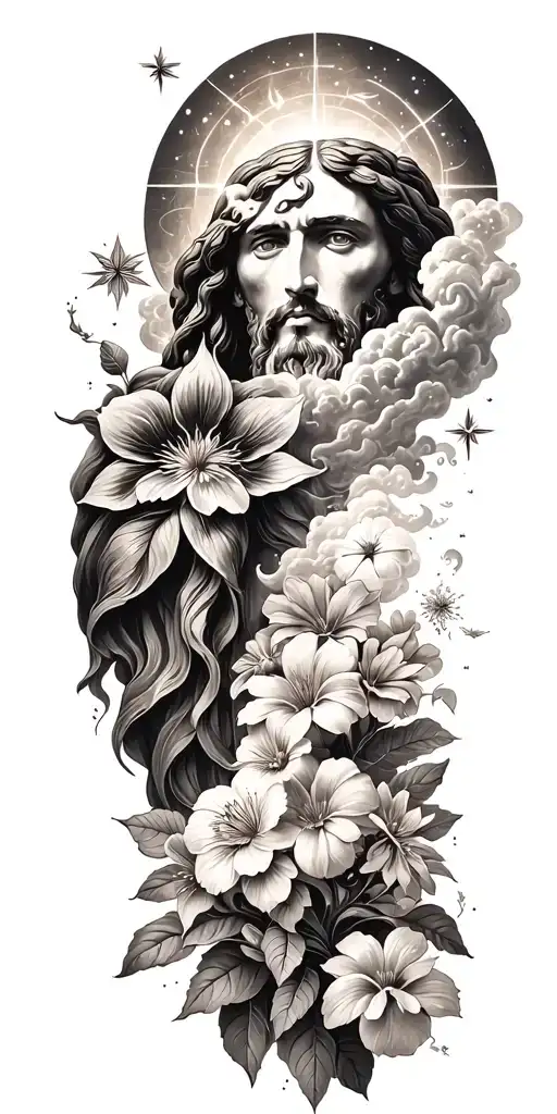 Jesus Christ's resurrection, different types of flowers, Trees, clouds of fire, nature, stars, mountains, strength tattoo design idea
