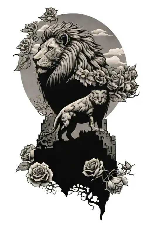 lion and owl guarding castle with roses and mountains tattoo design idea