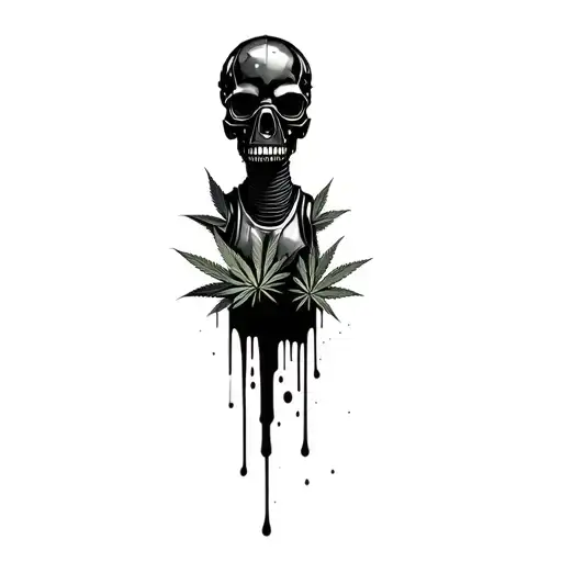 composition,black robot skull with gas mask,marijuana leaves in the background,dripping blood tattoo design idea