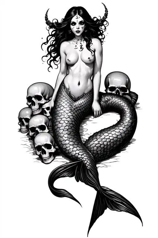 evil mermaid with mermaid tail instead of legs topless with nipple piercings soft on a pile of skulls  tattoo design idea