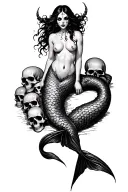 evil mermaid with mermaid tail instead of legs topless with nipple piercings soft on a pile of skulls  tattoo design idea