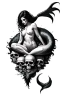 evil mermaid with mermaid tail instead of legs topless with nipple piercings soft on a pile of skulls  tattoo design idea