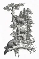 forest with river running through with a beaver damn 3 beavers a woodpecker a bear 2 snakes a goose an otter a wolf on t tattoo design idea