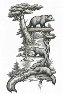 forest with river running through with a beaver damn 3 beavers a woodpecker a bear 2 snakes a goose an otter a wolf on t tattoo design idea