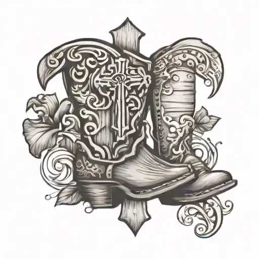wooden cross in cowgirl boot with heart in the center tattoo design idea