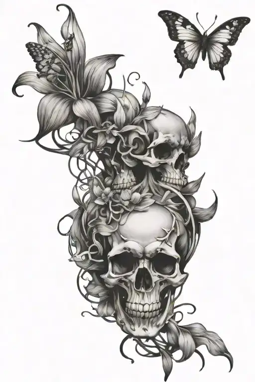 skulls and spider lily intertwined with butterflies on the spine  tattoo design idea