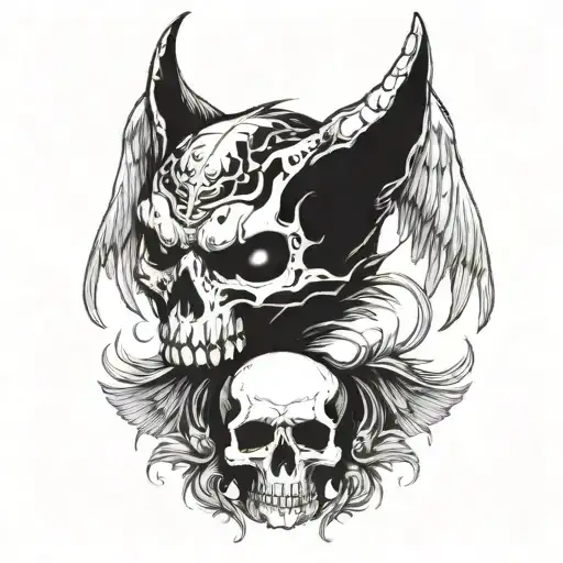 demon cat with white eyes and demon wings covering his body behind a skull with his tail going through tattoo design idea