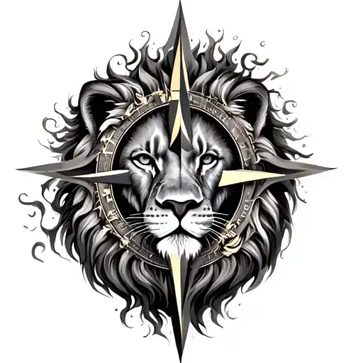 The Compass (The Strategist), The Lion’s Face in the Center (Leo), The Flame Needle (Ding Fire), The Overgrown Vines (Wo tattoo design idea