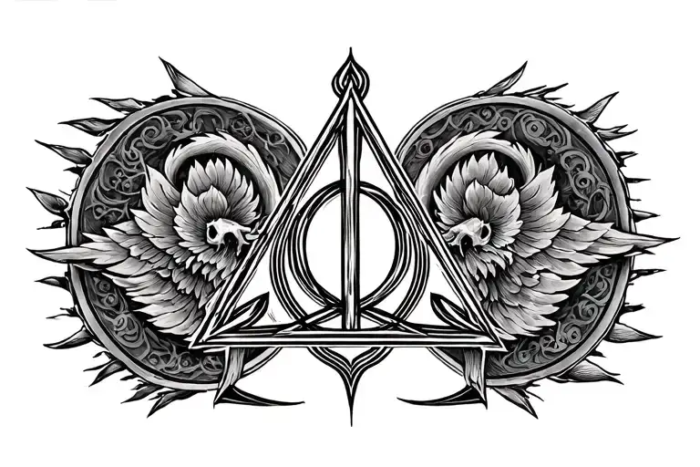 create a tattoo with II.II.MMVIII in fine line and the deathly hallows symbol behind the III at the end tattoo design idea