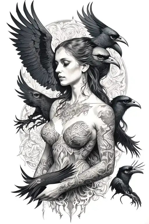 morrigan god of death with raven surrounded tattoo design idea