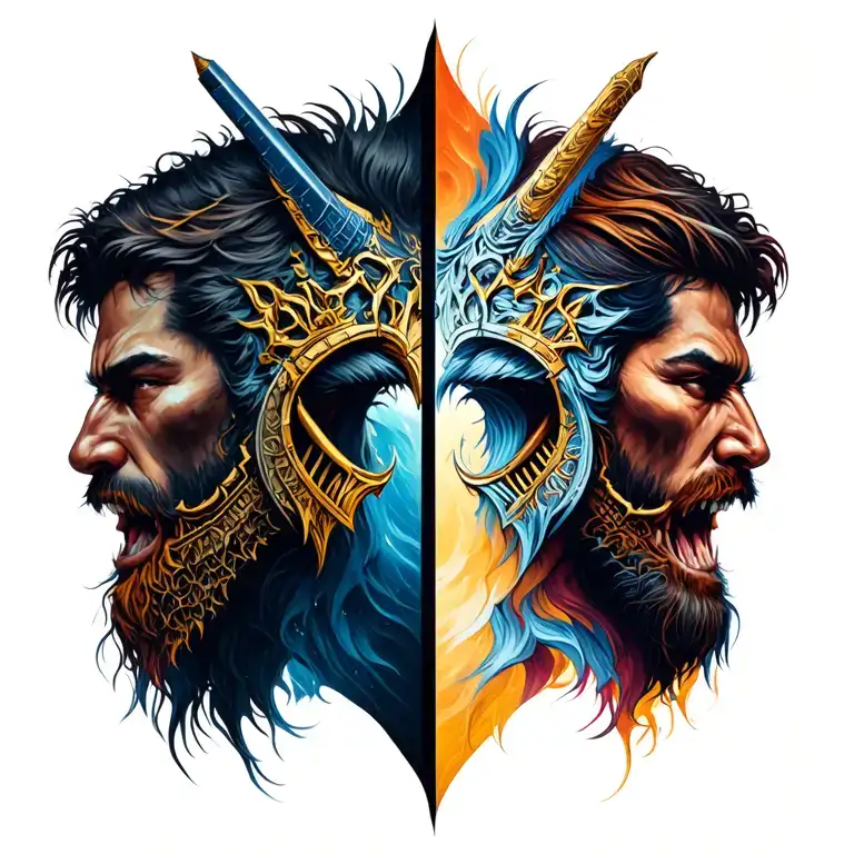 warriors on opposite sides repressnting good and evil tattoo design idea