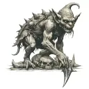 goblin standing on dead bodies with axe tattoo design idea