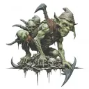 goblin standing on dead bodies with axe tattoo design idea