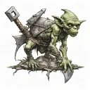 goblin standing on dead bodies with axe tattoo design idea