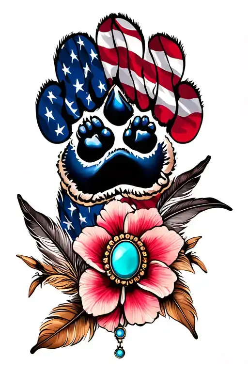 feathers with 2 dog paw prints incorporated, american flag, turquoise western jewlery and flowers tattoo design idea