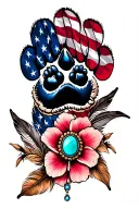 feathers with 2 dog paw prints incorporated, american flag, turquoise western jewlery and flowers tattoo design idea