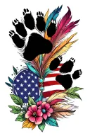 feathers with 2 dog paw prints incorporated, american flag, turquoise western jewlery and flowers tattoo design idea