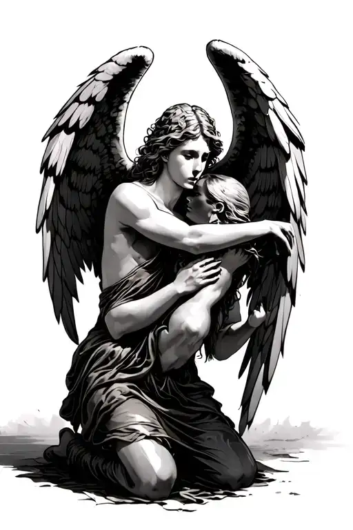 kneeling angel with fallen angel trying to slit throat tattoo design idea