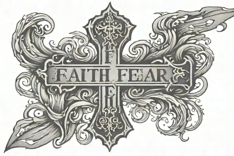 a cross with faith over fear written below and Phillippians 4:13 written above tattoo design idea