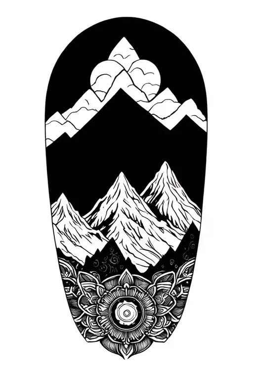 upper arm sleeve tattoo, mountains, mandala, Shiva. tattoo design idea