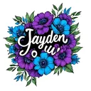 name Jayden in cursive tattoo with purple and blue flowers around it tattoo design idea