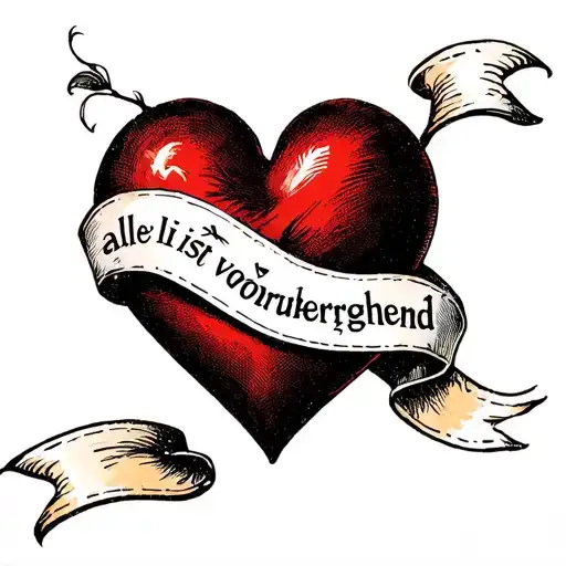 heart with words in German "alles ist vorübergehend" written on a ribbon wrapping the heart tattoo design idea
