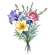 dainty fine line bouquet tattoo gladiolus, sweet pea, rose, daffodil with a little bit of color add purples pinks blues tattoo design idea