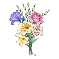 dainty fine line bouquet tattoo gladiolus, sweet pea, rose, daffodil with a little bit of color add purples pinks blues tattoo design idea