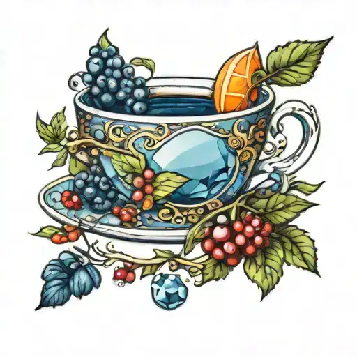 a tea cup with crystals sticking out of it. the tea cup design should be blueberries, oranges, cranberries, and strawber tattoo design idea
