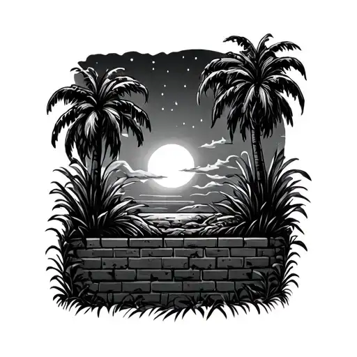 brick wall overgrown palm trees under night sky  tattoo design idea