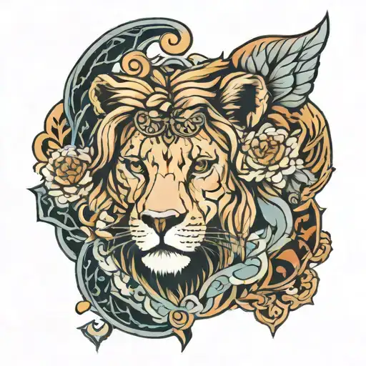 strength tarot card featuring girls face and lion head tattoo design idea