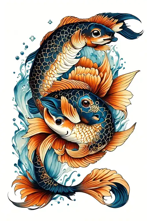 irezumi astrological Pisces and Taurus. Water background tattoo design idea