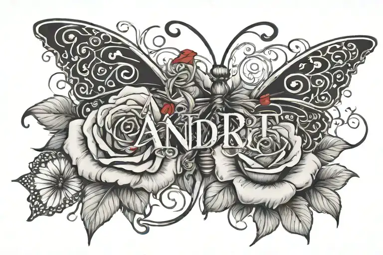 The word "andre" with red ink and roses and butterflies tattoo design idea