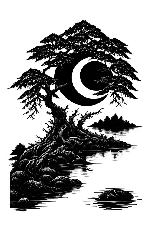 willow tree in dark moon and pond tattoo design idea