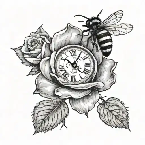 bee looking, rose and clock tattoo design idea
