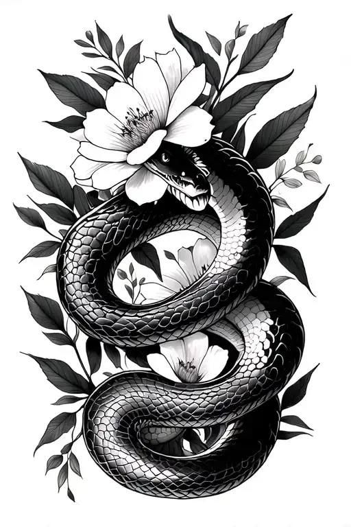 feminine snake wrapped in exotic flowers and foliage weaving in and out of the skin tattoo design idea