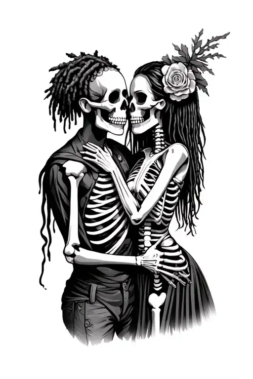 skeleton couple embracing the female skeleton is dia de los muertes and male skeleton is voodoo doctor with dreads tattoo design idea