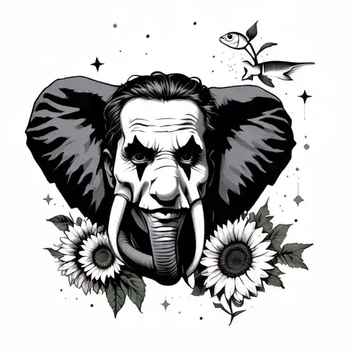 design a full sleeve Man design must include Joker removing mask, elephant, girl face, skulls, stars, fish, sunflower, m tattoo design idea