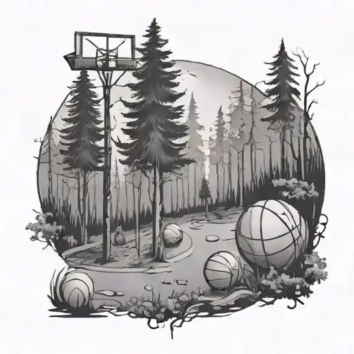 A haunted forest landscape with basketballs scattered around and a teacher figure in the distance tattoo design idea