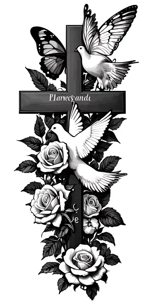 cross with names in it, roses, butterfly, doves tattoo design idea