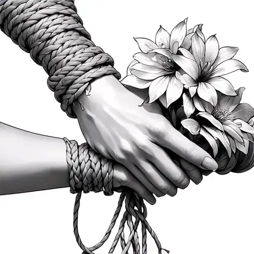 slave girl hands holding flowers and wrists wrapped in Shibari rope tattoo design idea
