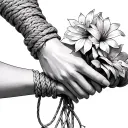 slave girl hands holding flowers and wrists wrapped in Shibari rope tattoo design idea
