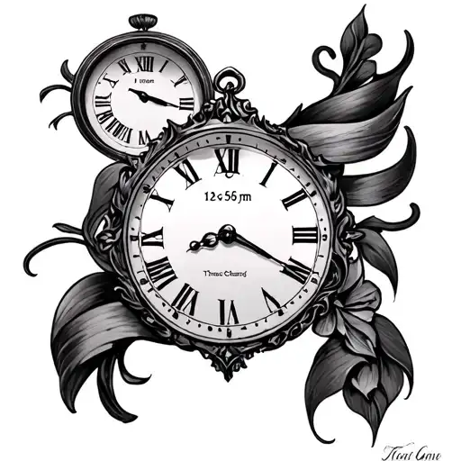 Create me a sleeve tattoo for my arm with three different clock first one with time 7:56a.m. second one with 12:59p.m. tattoo design idea