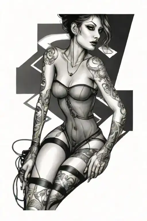 sexy woman in bondage underwear standing facing left tattoo design idea