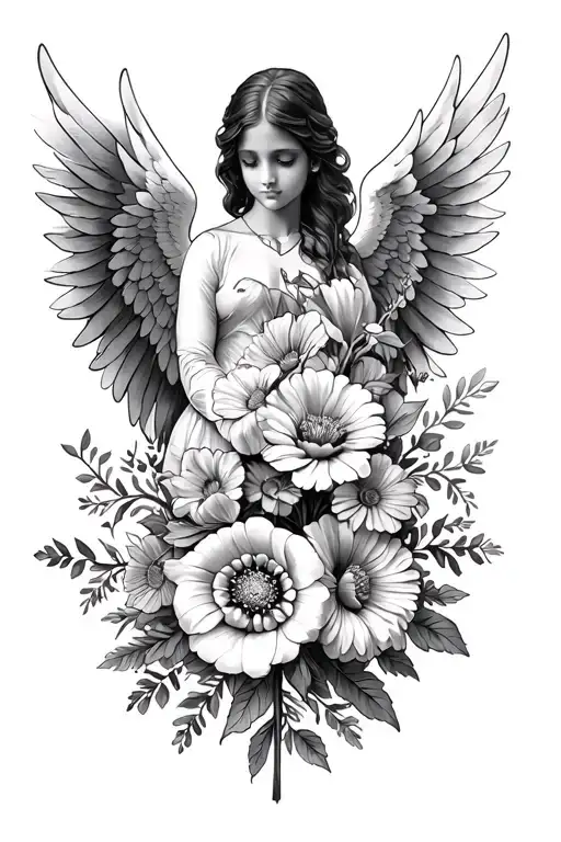 angel wings spread half October birth flower bouquet tattoo design idea