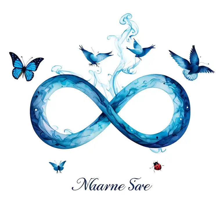 a 3D infinity symbol made of smoke with 2 names on the inside of the symbol. with by butterfly, lady bug, and 2 doves tattoo design idea