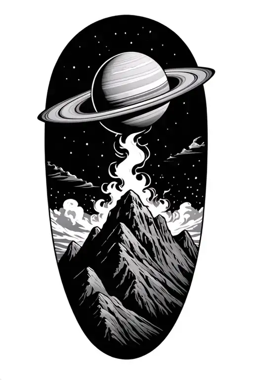 smoke forming saturn on top of a mountain peak tattoo design idea